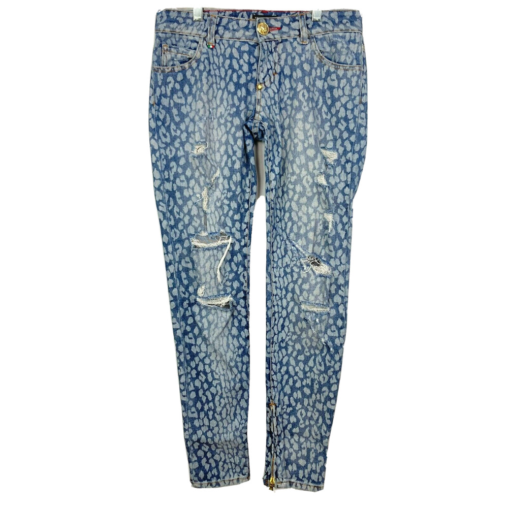 Philipp Plein Illegal Fight Club Jeans Womens Sz 27 Blue Leopard‎ Skinny Italy